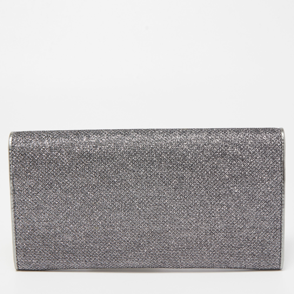 JIMMY CHOO Silver Glitter and Leather Metal Logo Flap Clutch - Picture 4 of 8